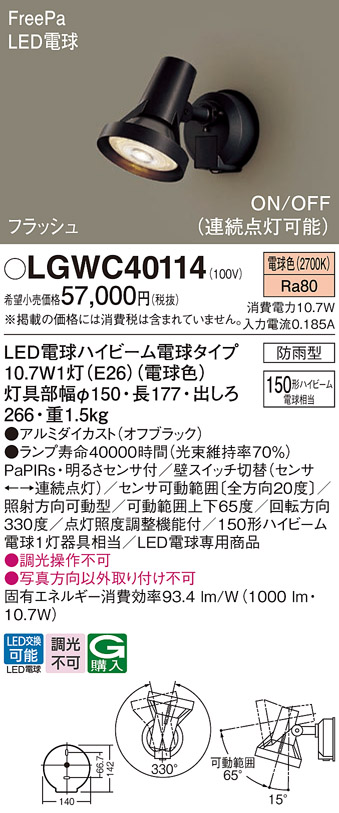 Panasonic（パナソニック） 壁直付型 電球色 スポットライト防雨型
