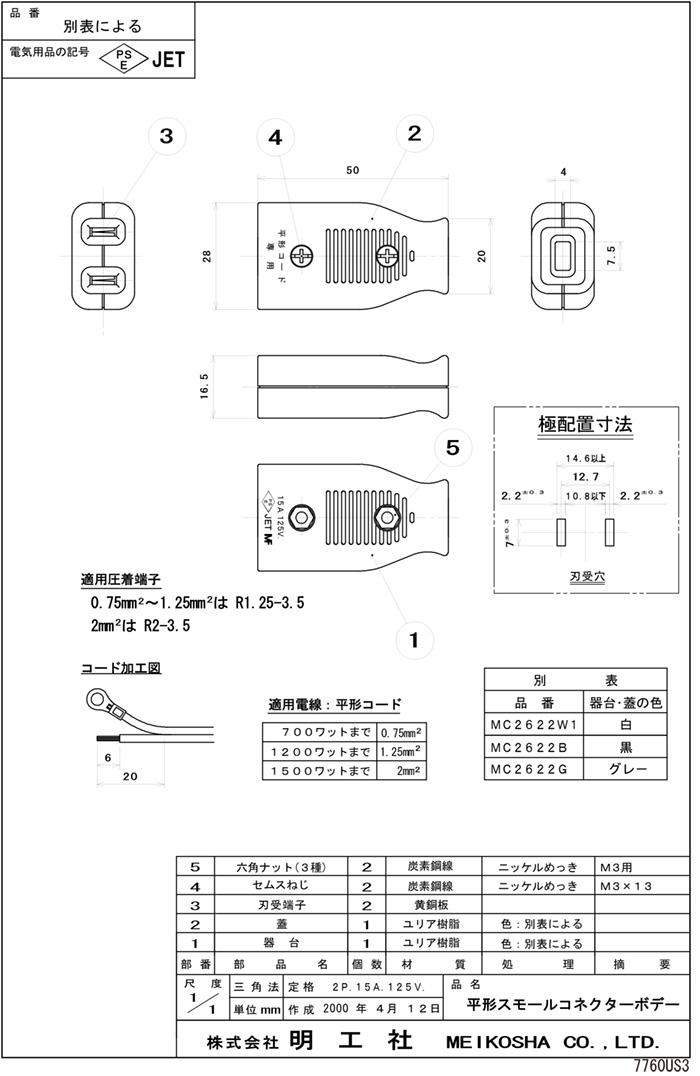 明工社 平形スモールコネクターボデー 黒 2P 15A 125V 端子ねじサイズ