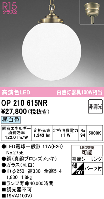 ＯＤＥＬＩＣ　ペンダントライト　引掛シーリング　高演色LED　LEDランプ付　白熱灯器具100W相当　非調光　昼白色5000K　OP210615NR_1