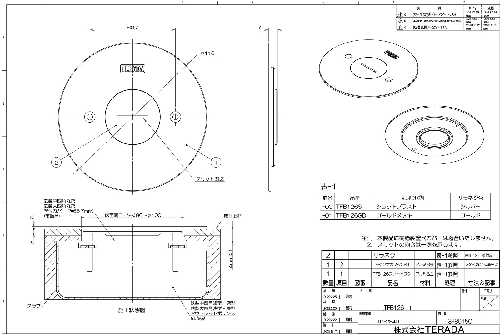TERADA フロアコンセント フロアプレート TFB12シリーズ 二つ穴