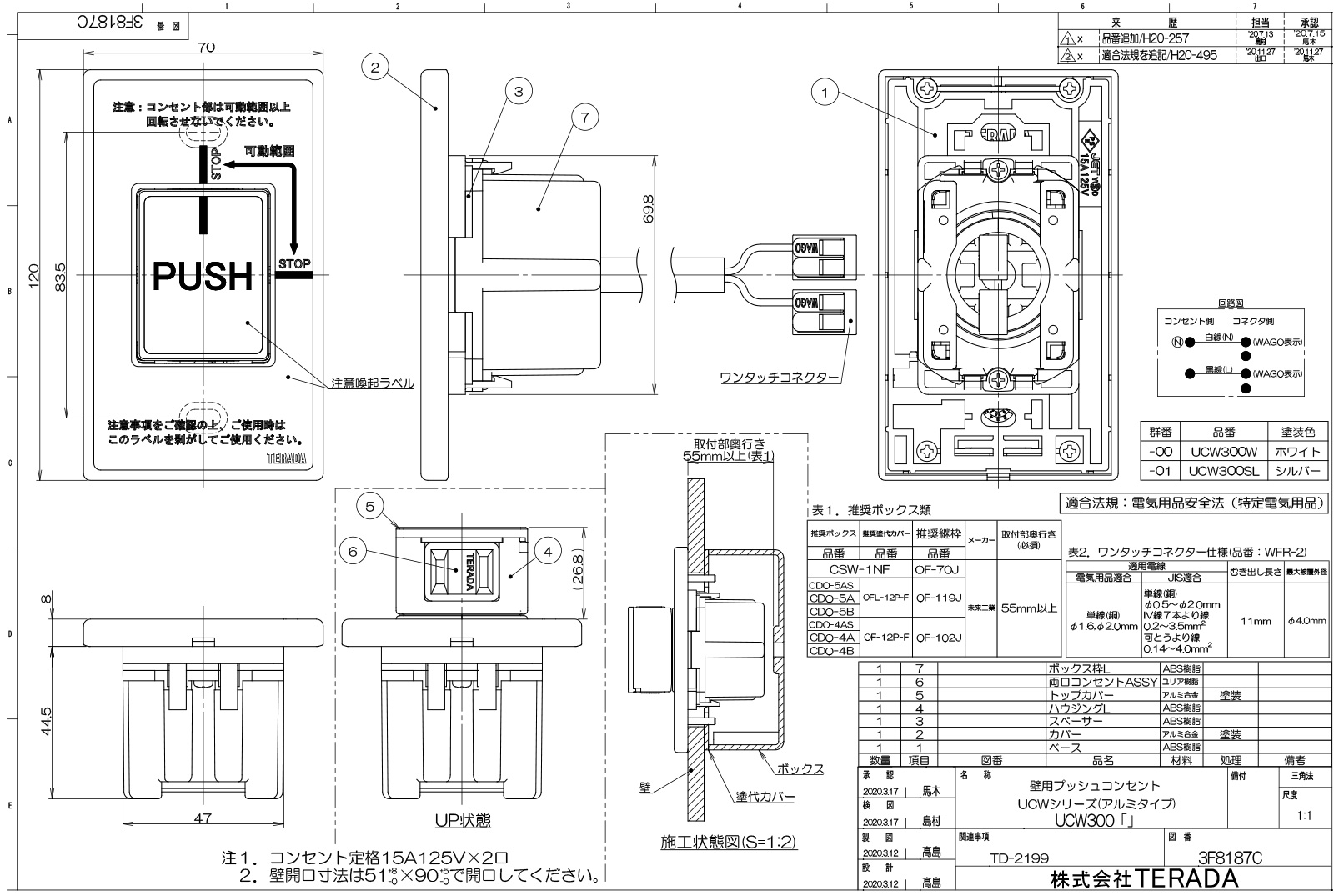 TERADA 壁用プッシュコンセント アルミ仕様 UCWシリーズ 電源×2 15A