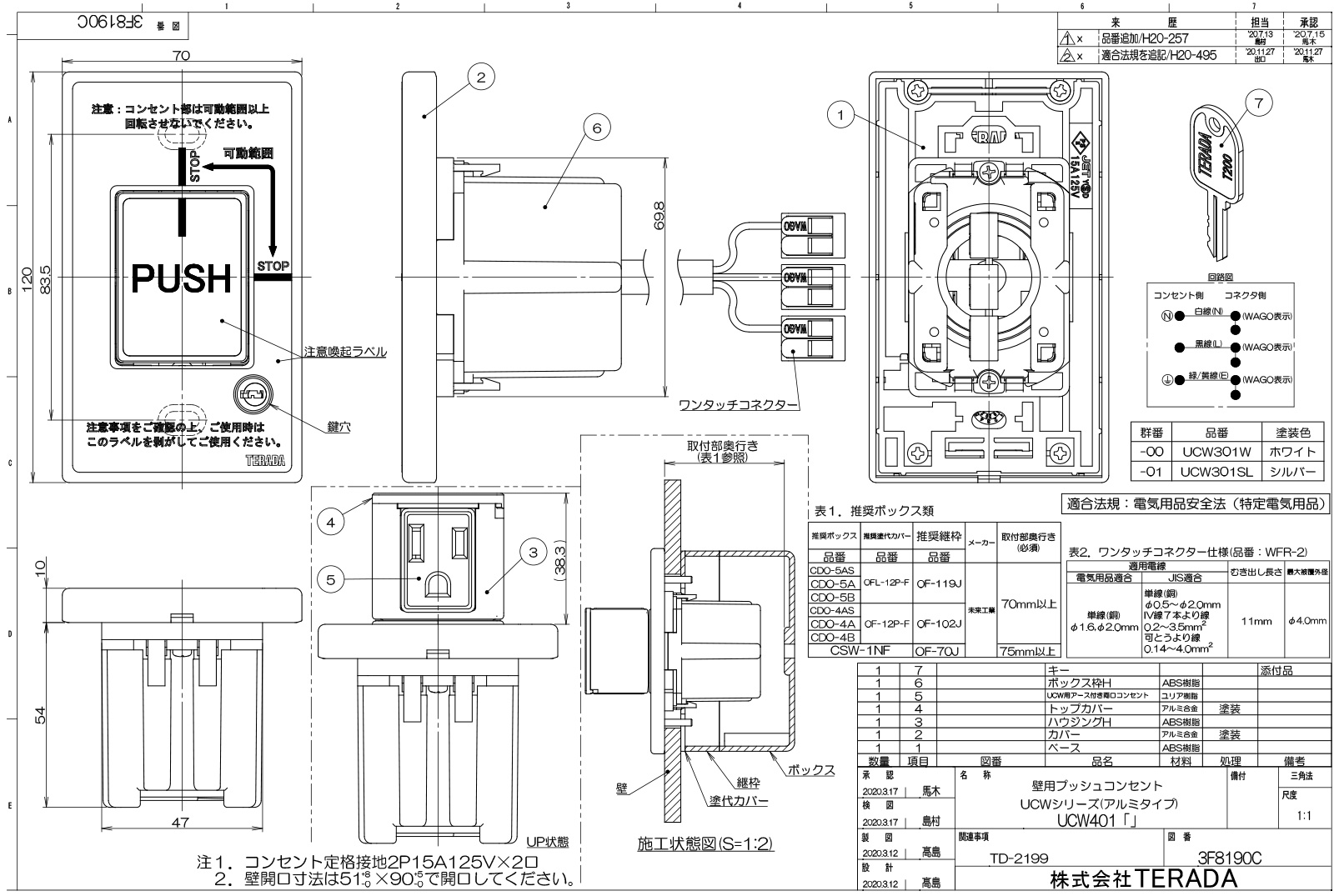 TERADA 壁用プッシュコンセント アルミ仕様 UCWシリーズ 電源×2 15A