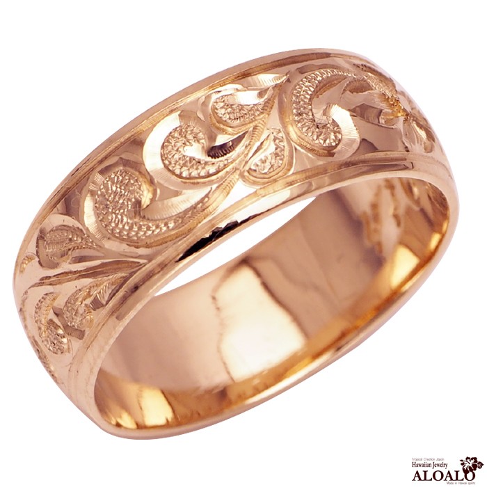 ハワイアンジュエリー リング 指輪 結婚指輪 オーダーメイド 基本の1.5mm厚 幅8mm 14k ピンクゴールド バレルリング