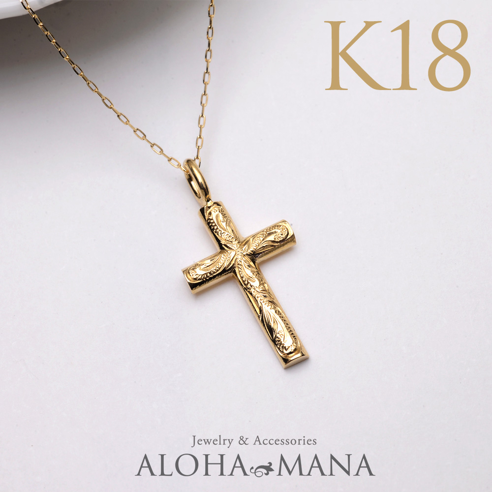 K18ゴールド ストーン付き十字架ネックレス ALOHA MANA（アロハマナ） ハワイアンジュエリー ネックレス K18 18金