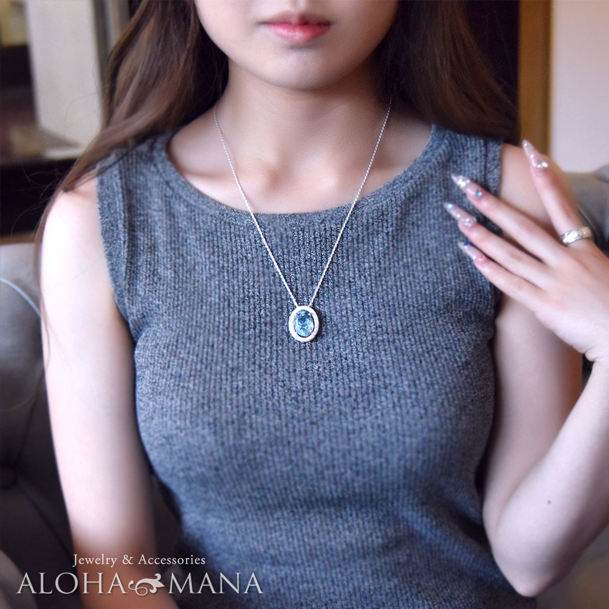 青色オーバル型ペンダント ALOHA MANA（アロハマナ） ハワイアンジュエリー ネックレス 大粒