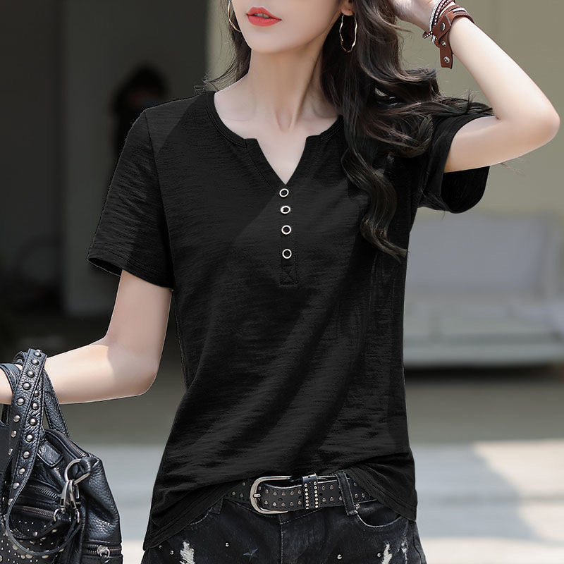 品質が-Tシャツ 半袖 レディース カットソー Vネック インナー ゆったり 薄手 大きいサイズ 無地 カジュアル シンプル 着痩せ 通勤 心地良•い  おしゃれ M ブ•ラック