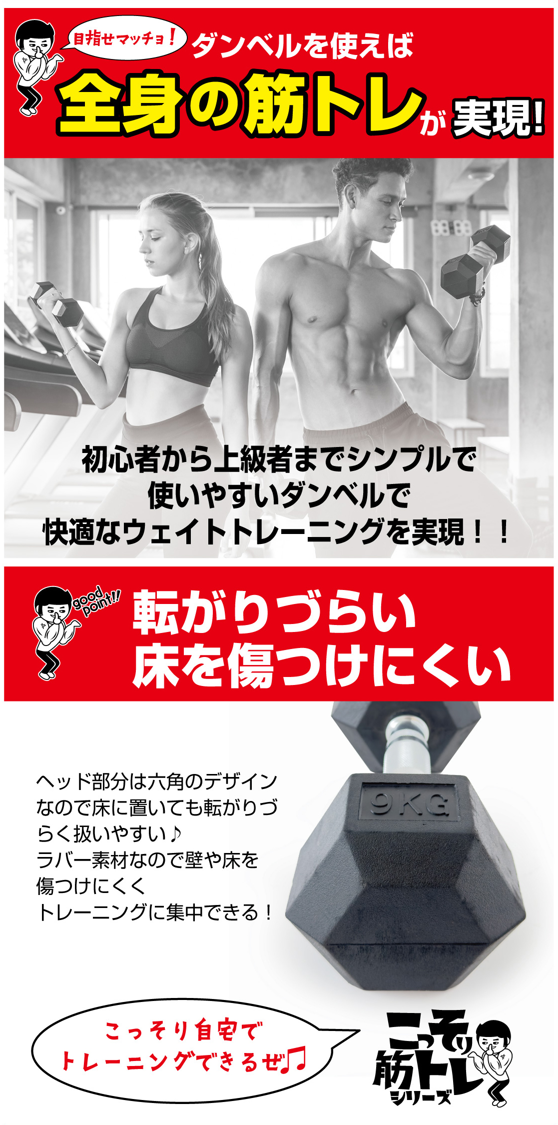 TIGORA ティゴラ ラバーダンベル 9kg 9キロ 転がらない 床 保護