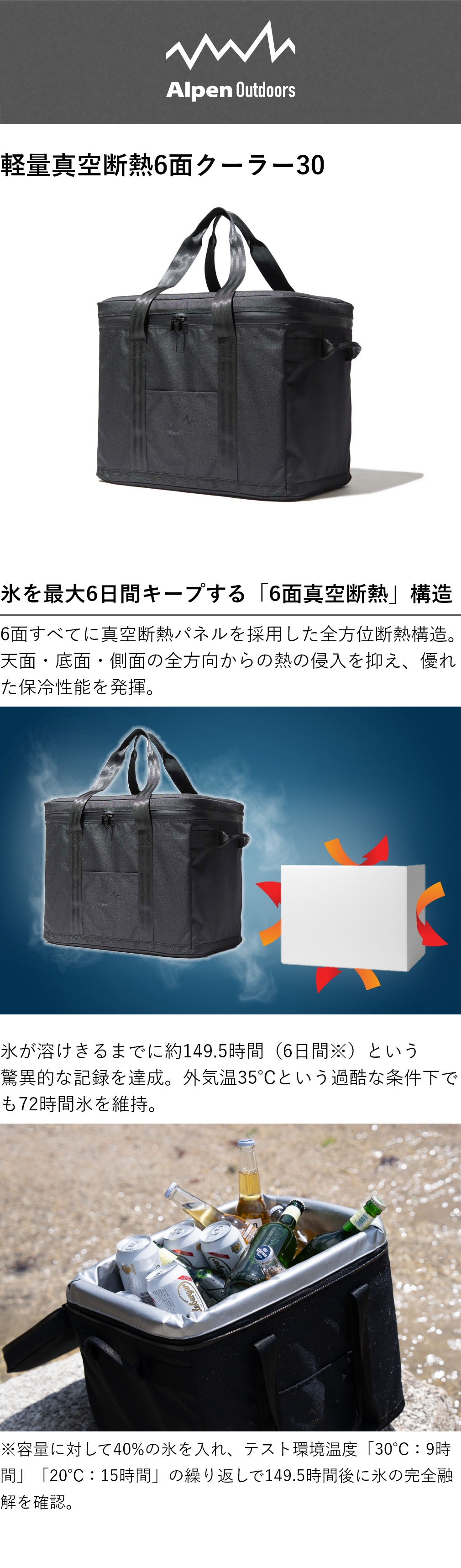 アルペンアウトドアーズ 軽量真空断熱6面クーラー30 キャンプ ハード