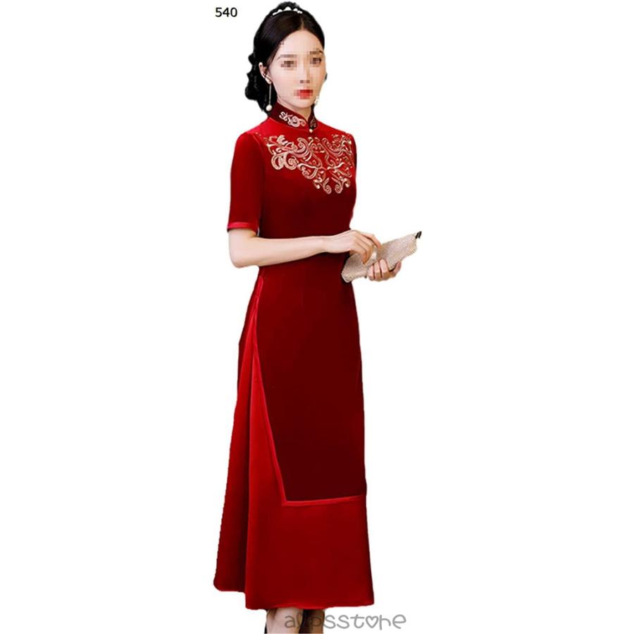 女性 半袖 刺 ベルベット チャイナ ドレス ヴィンテージ 中国 フォーマル ドレス