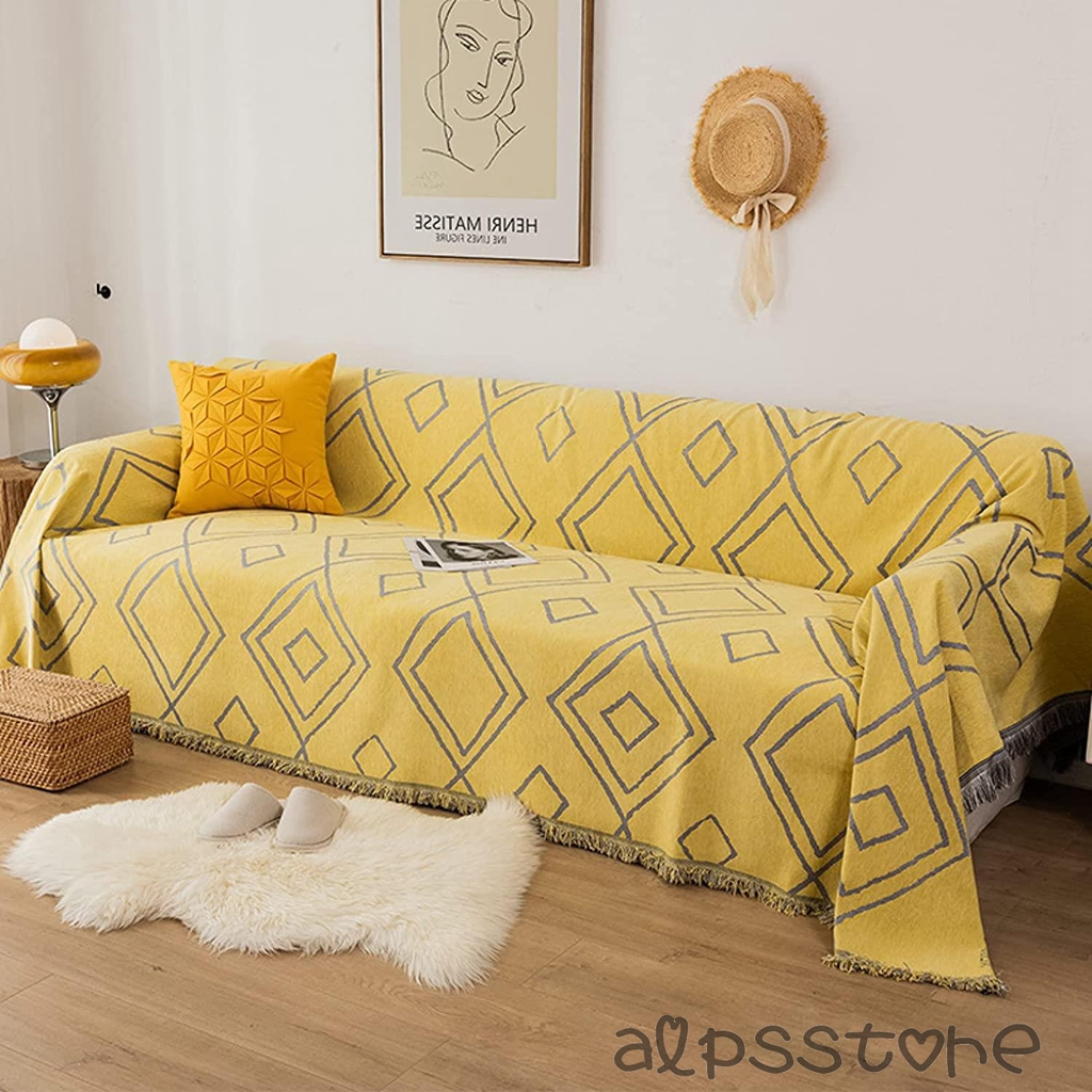 黄色 ソファーカバー 130×180㎝ 格子柄 多用途 マルチカバー ラグ