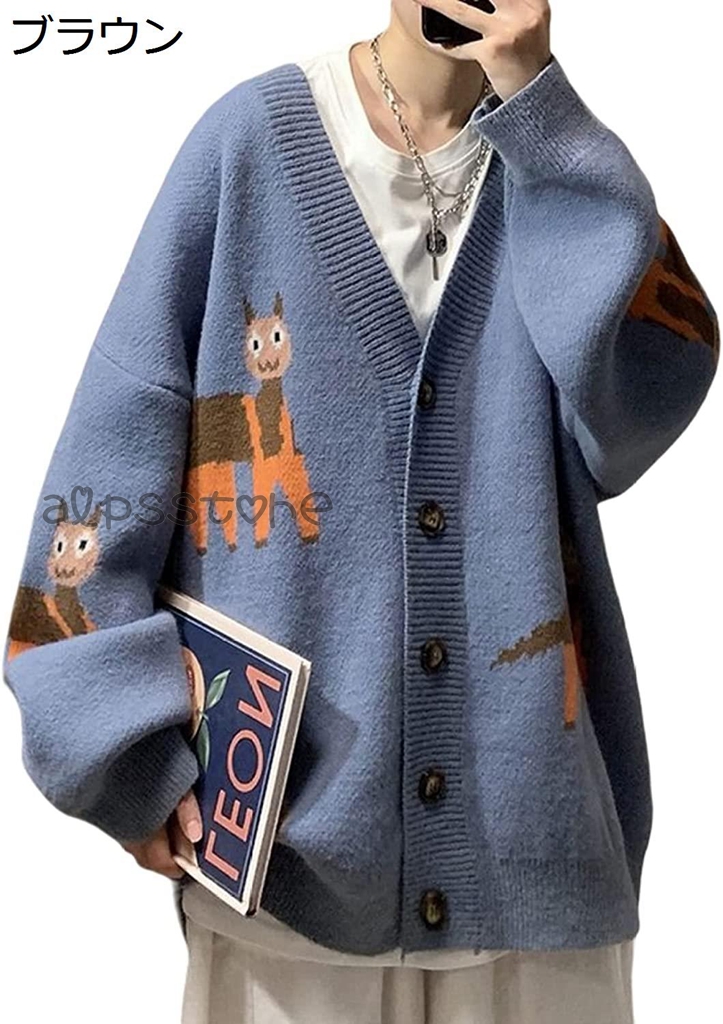 カーディガン メンズ カートゥーン付き Vネック 前開き レディース ニット カップルカーディガン カーデ セーター 長袖カーディガン