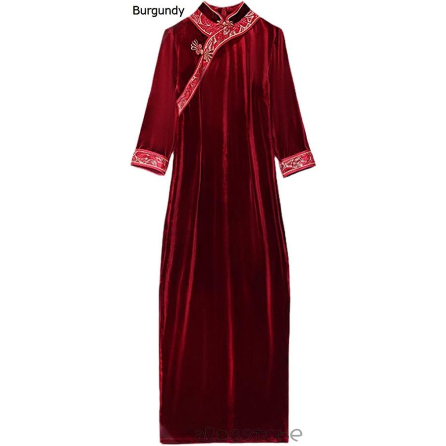 女性 ベルベット 改良 チャイナ ドレス 襟 刺 バックル スプリット フォーク スリム ミディ ドレス
