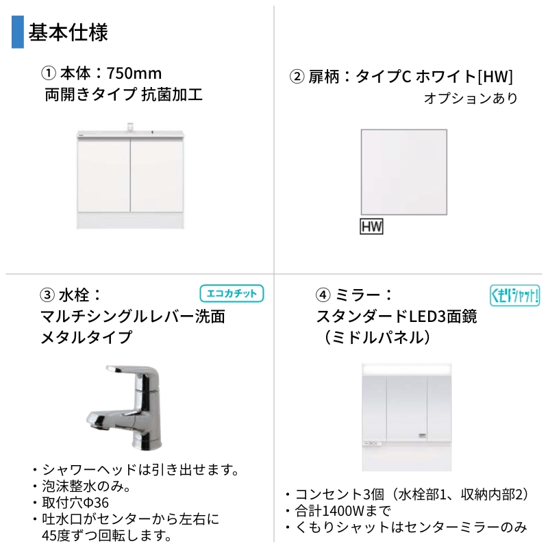 洗面台 パナソニック シーライン セットプラン GC-755P 扉柄タイプC/B/A/S 幅750 奥行530mm 両開きタイプ 抗菌加工 Panasonic D530 おしゃれ リフォーム DIY_1
