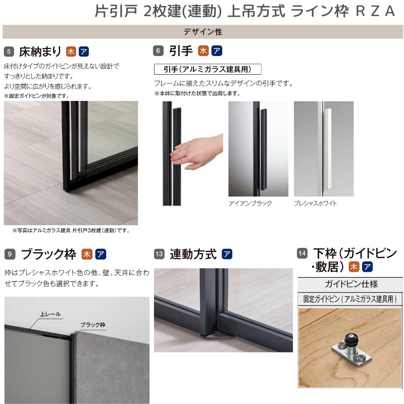 ラフィス 室内引戸 片引戸 2枚建(連動) 上吊方式 ライン枠 RZA アルミ