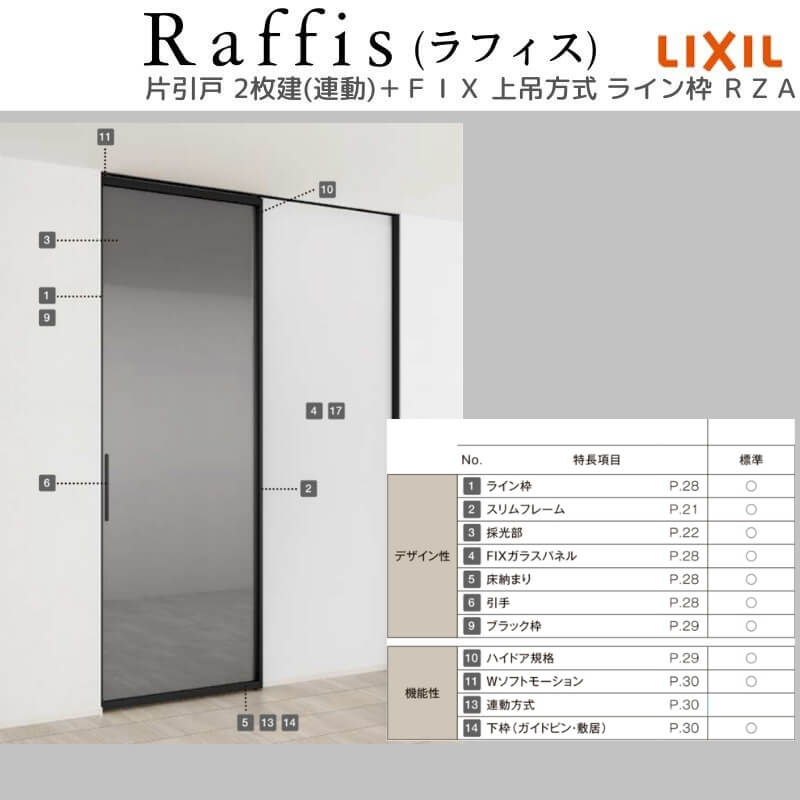 ラフィス 室内引戸 片引戸 2枚建＋FIX 上吊方式 ライン枠 RZA