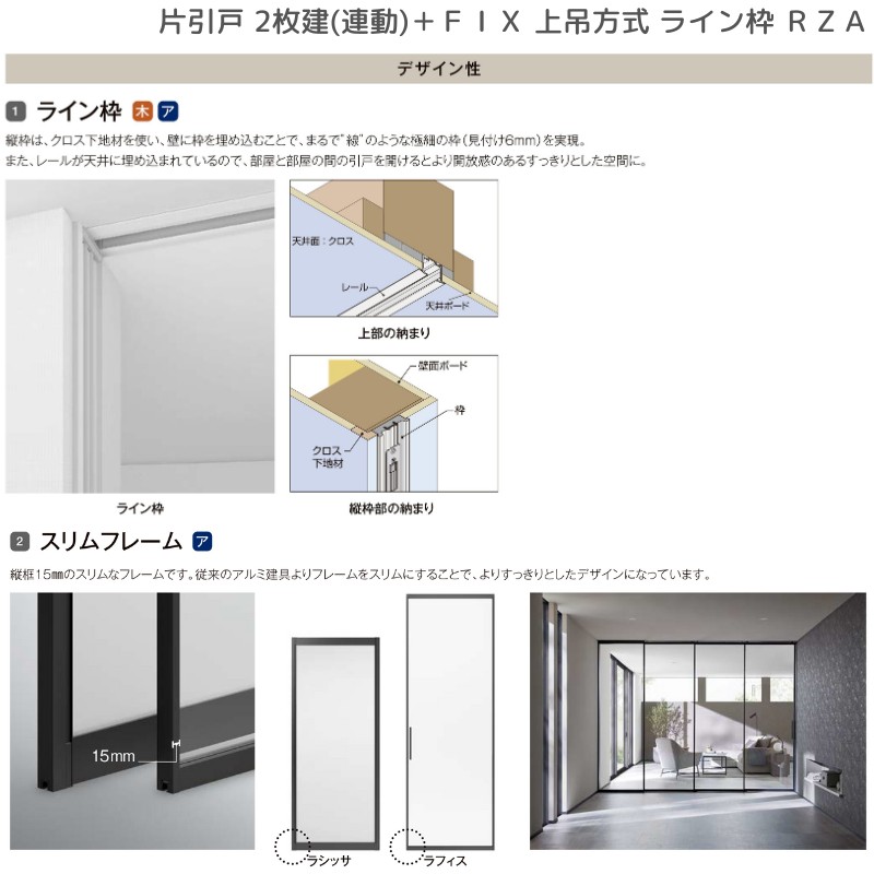 ラフィス 室内引戸 片引戸 2枚建＋FIX 上吊方式 ライン枠 RZA