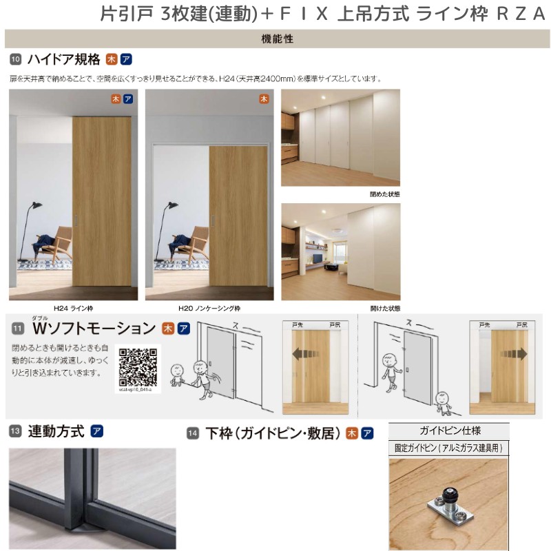 ラフィス 室内引戸 片引戸 3枚建＋FIX 上吊方式 ライン枠 RZA