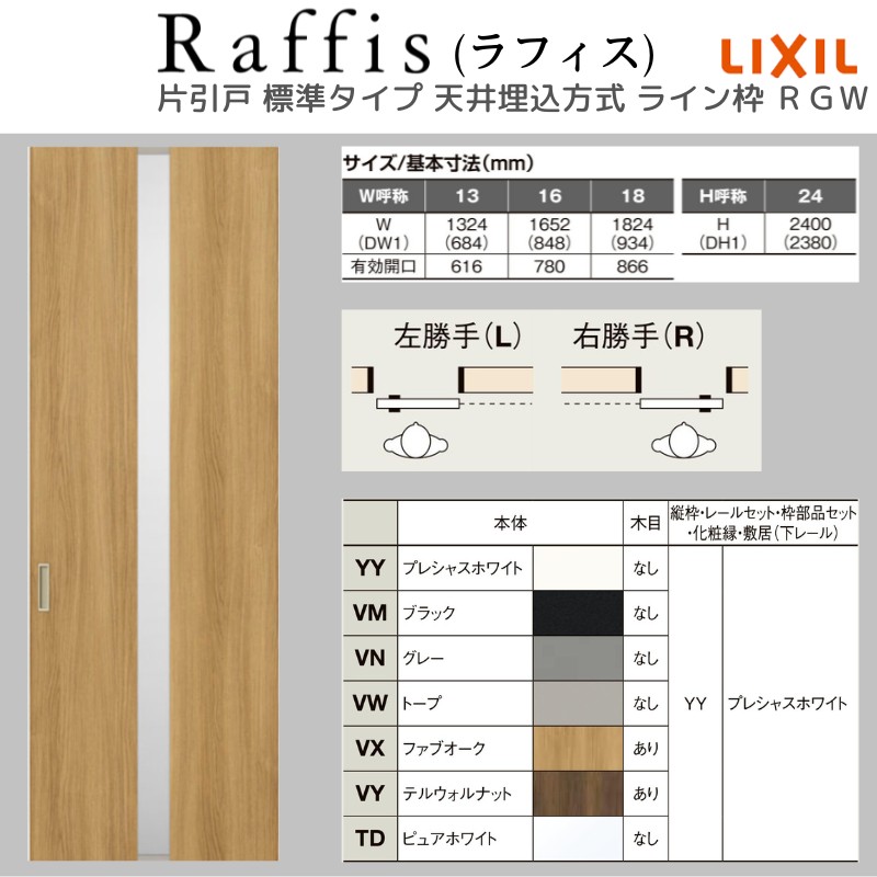 室内引戸 片引戸 標準タイプ 天井埋込方式 ライン枠 RGW ラフィス アクリル系パネル 1324/1624/1824 リクシル LIXIL Raffis 建具 リフォーム