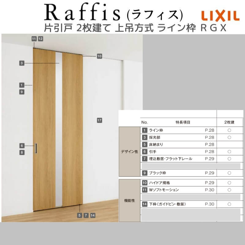 室内引戸 片引戸 2枚建 上吊方式 ライン枠 RGX ラフィス アクリル系パネル 2424 リクシル LIXIL Raffis 建具 リフォーム