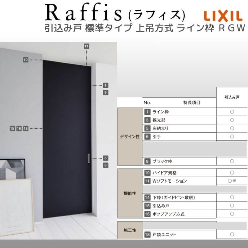 室内引戸 引込み戸 上吊方式 ライン枠 RGW ラフィス アクリル系パネル 1424/1624/1824 リクシル LIXIL Raffis 建具 交換 リフォーム DIY_4