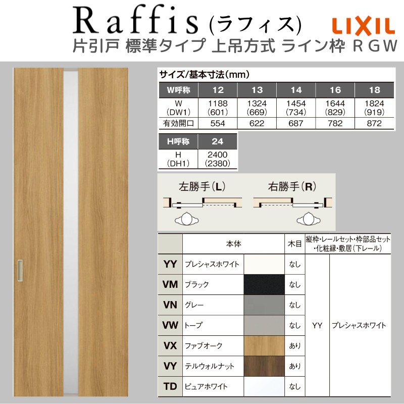室内引戸 片引戸 標準タイプ 上吊方式 ライン枠 RGW ラフィス アクリル系パネル 1224/1324/1424/1624/1824 リクシル LIXIL Raffis 建具 リフォーム