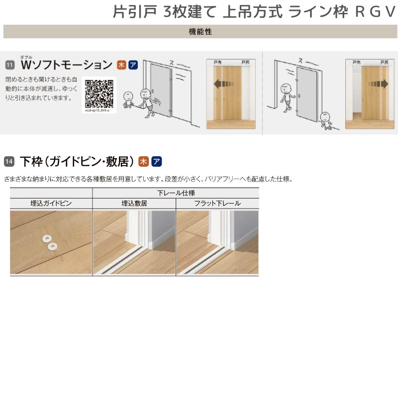 室内引戸 片引戸 3枚建 上吊方式 ライン枠 RGV ラフィス アクリル系パネル 3224 リクシル LIXIL Raffis 建具 リフォーム