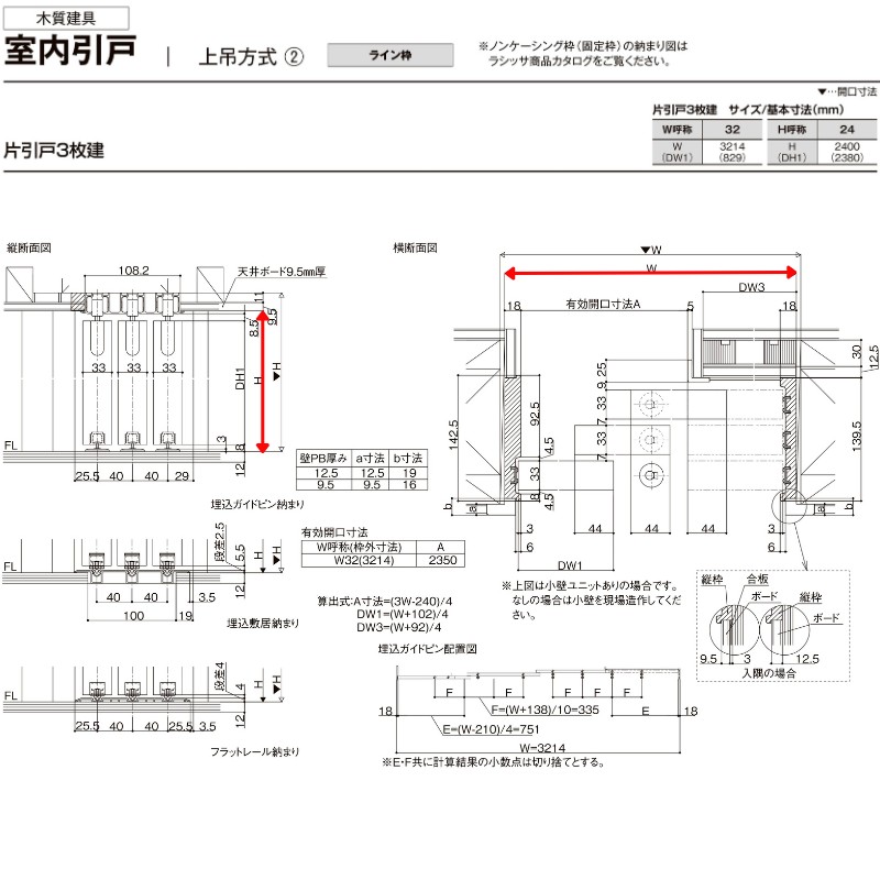 室内引戸 片引戸 3枚建 上吊方式 ライン枠 RGV ラフィス アクリル系パネル 3224 リクシル LIXIL Raffis 建具 リフォーム