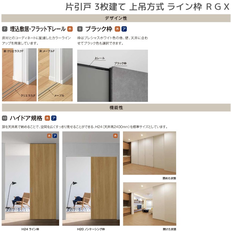 ラフィス 室内引戸 片引戸 3枚建 上吊方式 ライン枠 RGX アクリル系