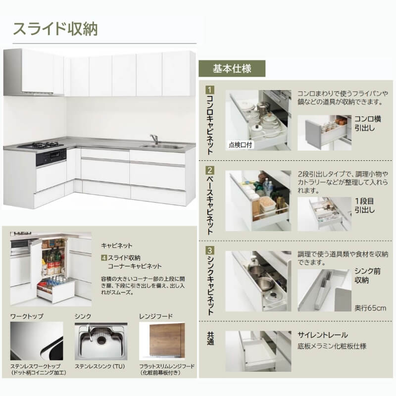 【納期遅延】 システムキッチン ラクエラ L型 W2250mm スライド収納プラン シンシア TUシンク 3口コンロ 標準タイプ クリナップ 間口225cm 下台 流し台