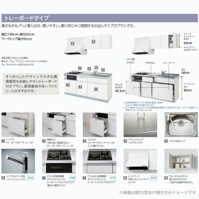 コンパクトキッチン ティオ Tio LixiL 壁付I型 トレーボード W1950mm 間口195cm(グリル付き3口コンロ用) グループ1 リクシル システムキッチン 流し台｜alumidiyshop｜03