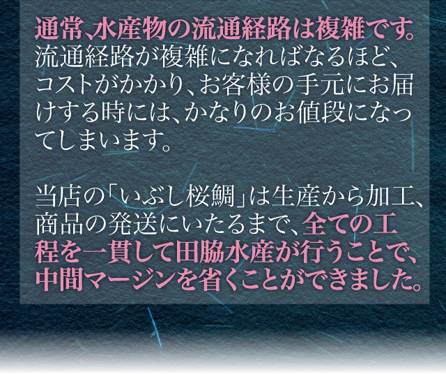 通常、水産物の流通経路は複雑です。流通経路が複雑になればなるほど、コストがかかり、お客様の手元にお届けする時には、かなりのお値段になってしまいます。当店の「いぶし桜鯛」は生産から加工、商品の発送にいたるまで、全ての工程を一貫して田脇水産が行うことで、中間マージンを省くことができました。