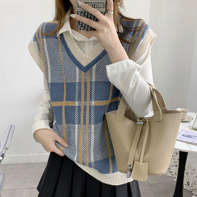 ノースリーブニット ストライプ チェック柄 ニット Vネック レディース  