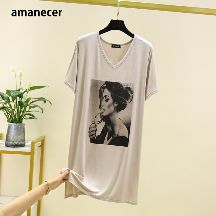 Tシャツ ロングT Vネック プルオーバー Tシャツワンピース サイドスリット入り プリント やわらか