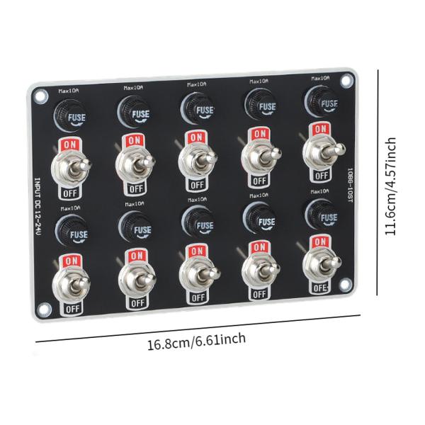 トグルスイッチパネル 多機能ロッカースイッチ、10ギャングボートヨットプロフェッショナルモーターホームRV 12V 24V 10Aヒューズ