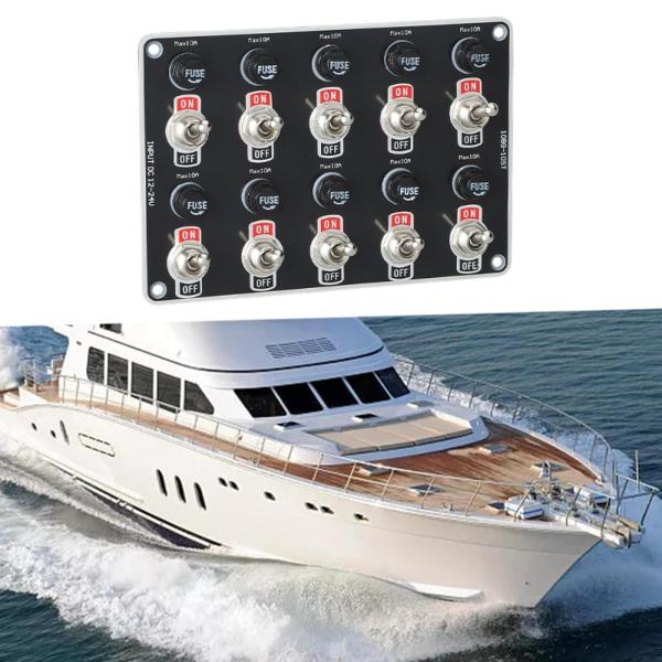 トグルスイッチパネル 多機能ロッカースイッチ、10ギャングボートヨットプロフェッショナルモーターホームRV 12V 24V 10Aヒューズ