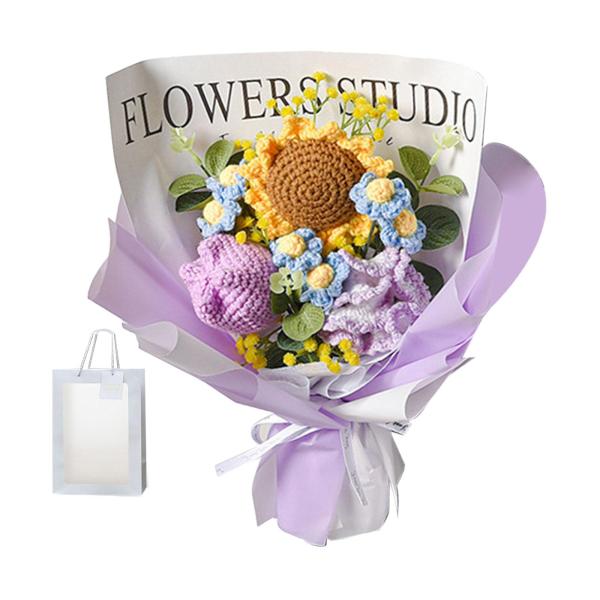 完成したかぎ針編みの花、編み物の花束、手作りのかぎ針編みのひまわり