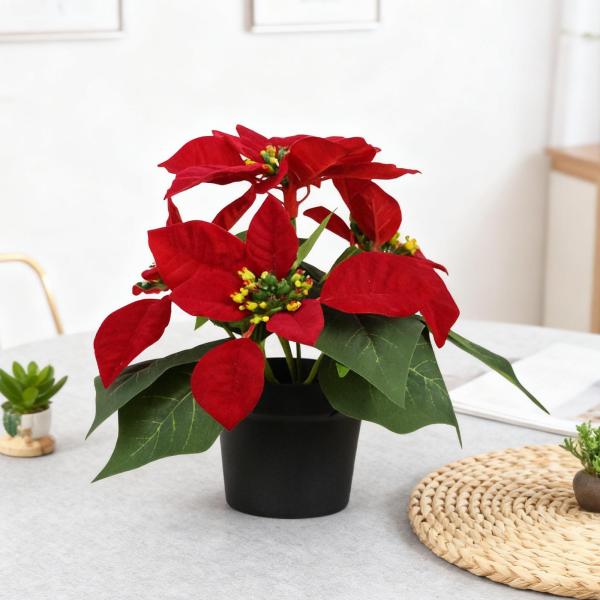 鉢植えのポインセチア クリスマスフラワーアレンジメント オーナメント 造花 家庭用 卓上 オフィス テーブルセンターピース 装飾