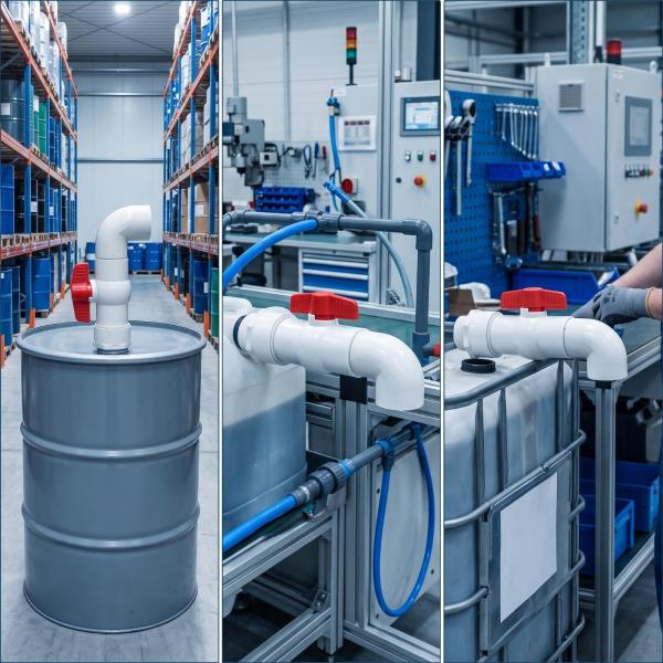 工業用フローバルブ 200L鉄ドラム向け 排出用コック レバー式 90度エルボ 直下向き放液 漏れ対策 ねじ接続 DN50規格 シール付 U-PVC 耐用性 液体供給に適用