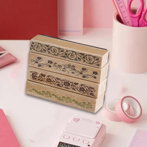 木製スタンプ 4個 花のボーダースタンプ パターンスタンプ ゴムスタンプ クラフトジャーナル スクラップブック カード作り デコレーション用