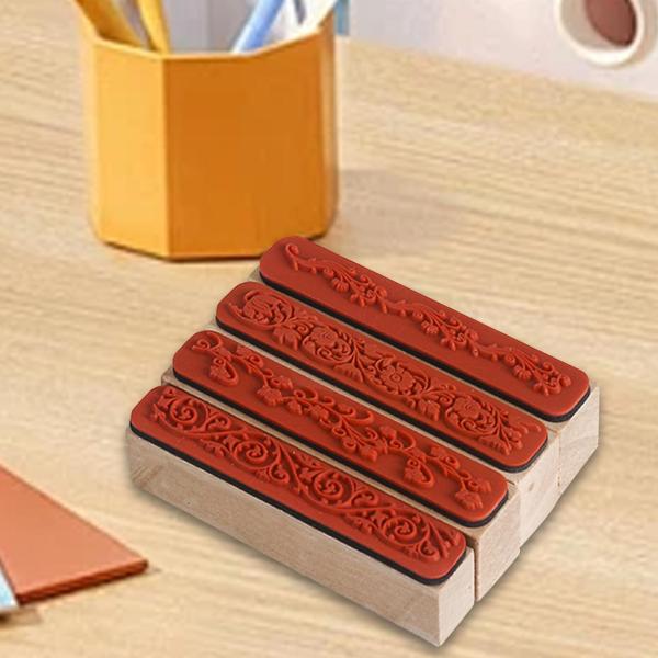 木製スタンプ 4個 花のボーダースタンプ パターンスタンプ ゴムスタンプ クラフトジャーナル スクラップブック カード作り デコレーション用