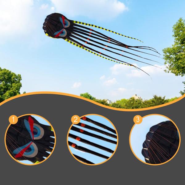 タコ凧 ポータブル 大人用 ソフトパラフォイル凧 公園 裏庭用 ブラック