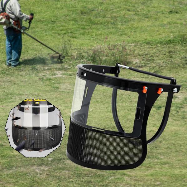 ヘルメット用フェイスシールド  フリップアップ式 飛沫防止 頑丈 アルミ製ブラケット付き スチールワイヤーメッシュ 除草林業伐採作業用