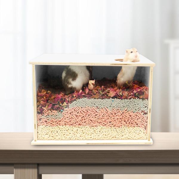 25cm×15cm×15cm 木製ハムスターケージ 目に見えるハムスター アクリル製掘削ボックス 木製