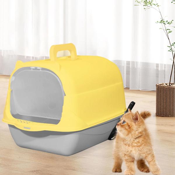 ハンドヘルド グレー イエロー 猫砂トレイ 完全密閉型猫トイレ 蓋付き 大型トレイ