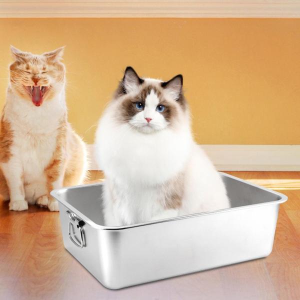 50x35x15cm ハンドル付き 猫砂トレイ ステンレス製トイレトレイ 子猫用トイレ