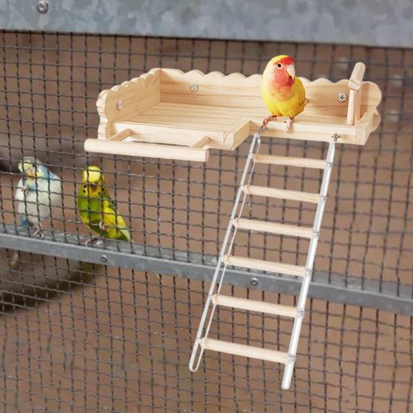 鳥止まり木プラットフォーム はしご付き 運動おもちゃ 木製止まり木スタンド ケージコーナー棚 ペット鳥遊びスタンド オカメインコ コニュア用