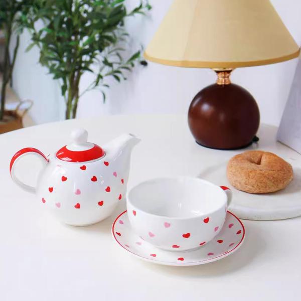 セラミックティーケトル 磁器ティーケトル 耐熱 ポータブルティーポットとカップソーサーセット 家庭用 レストラン ホテル用