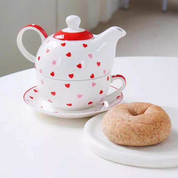 セラミックティーケトル 磁器ティーケトル 耐熱 ポータブルティーポットとカップソーサーセット 家庭用 レストラン ホテル用