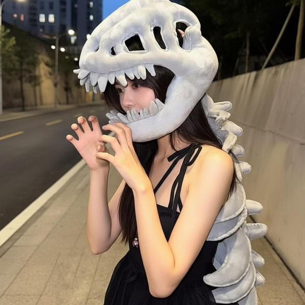 ハロウィン恐竜スケルトンコスチューム、恐竜の頭蓋骨ヘッドピース（背骨付き）パーティー用