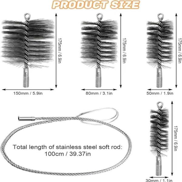 4 個 煙突掃除用ブラシ ワイヤーブラシ 便利で頑丈 プッシュロッド付き 煙突・ボイラー・換気フード用パイプ洗浄
